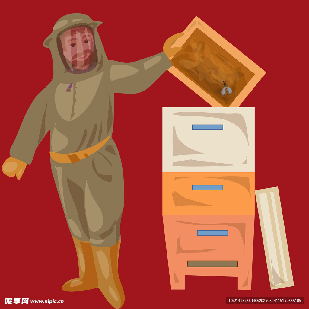 养蜂人手持蜂巢与蜂箱