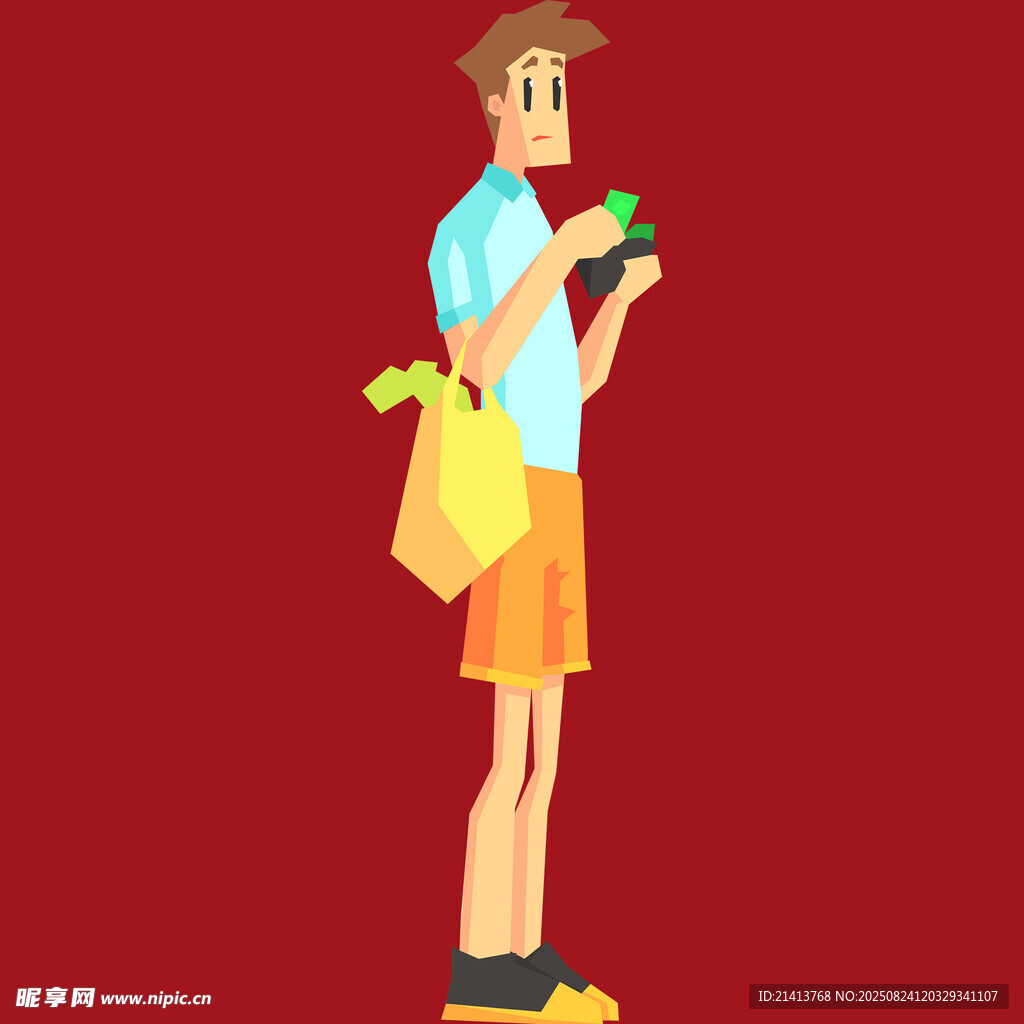 购物男子手持商品与袋子