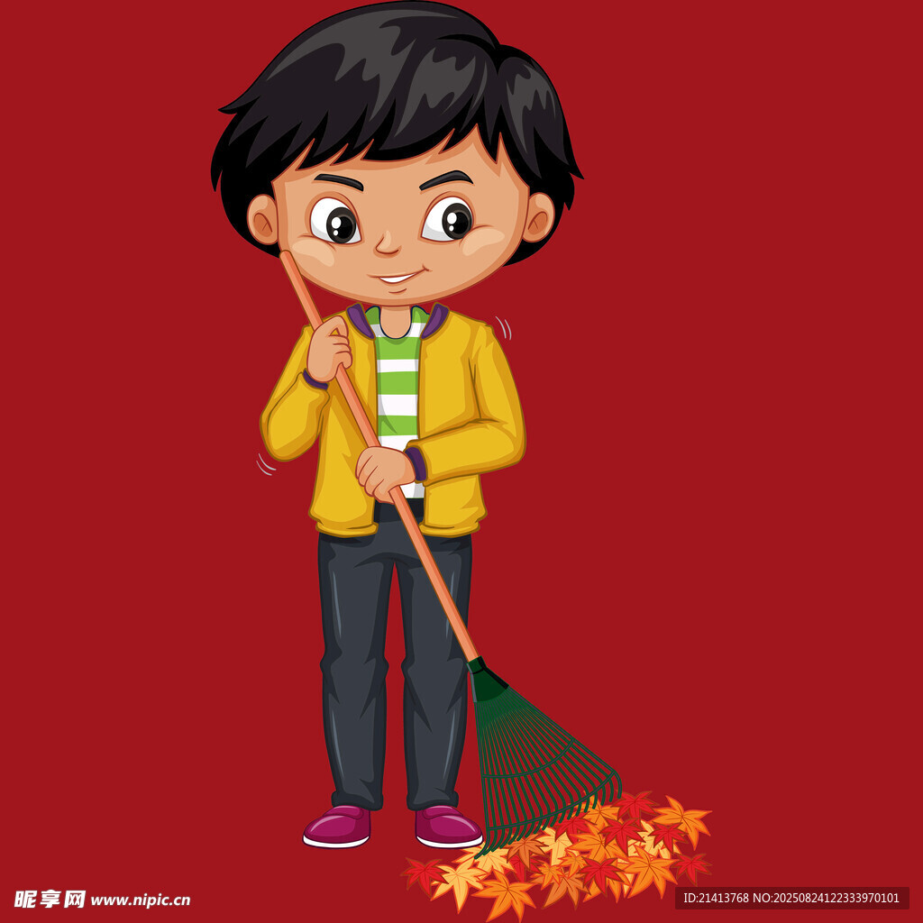 小男孩持扫帚清扫落叶