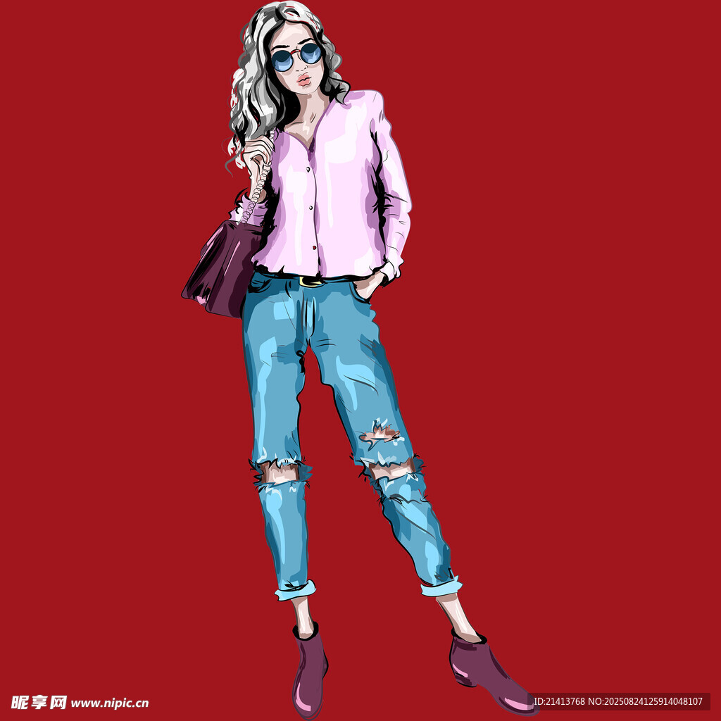 时尚破洞牛仔裤穿搭女性