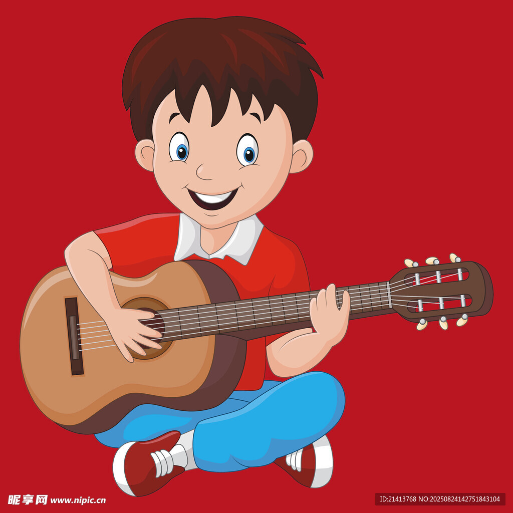 男孩开心弹吉他