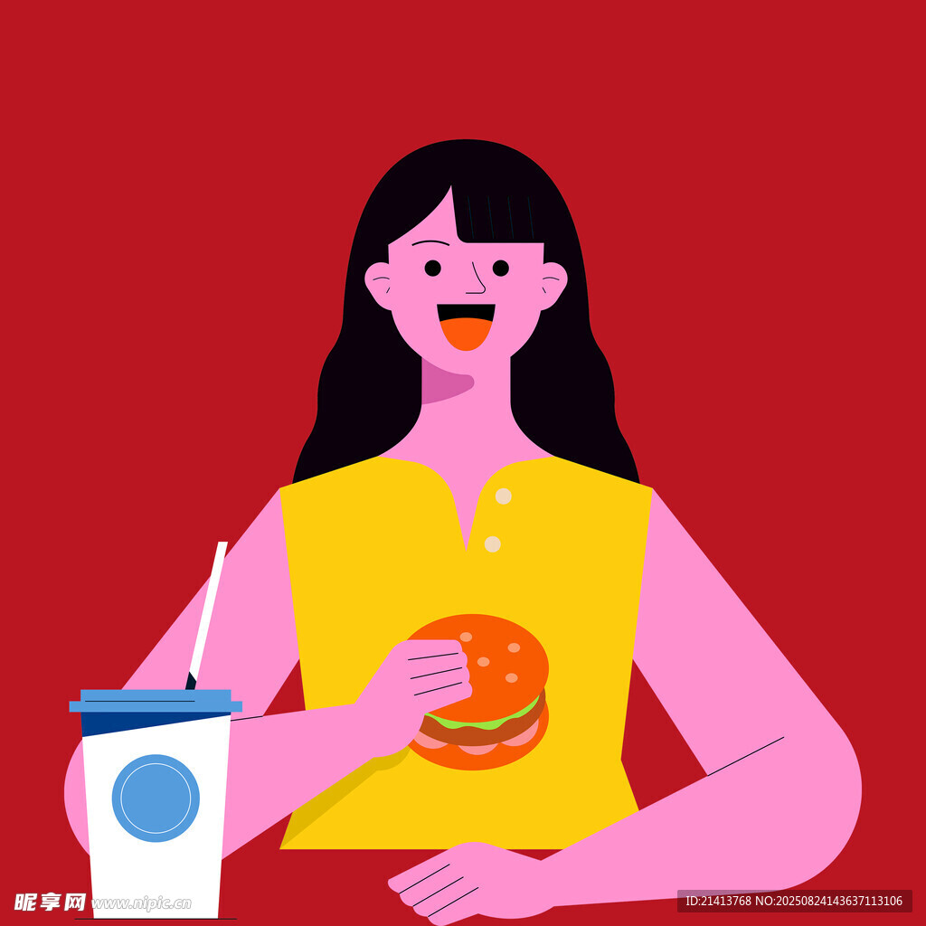 女孩享用汉堡与饮料