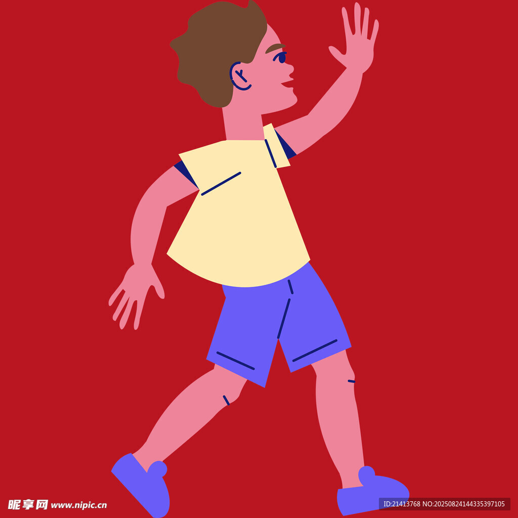 挥手行走的活力少年