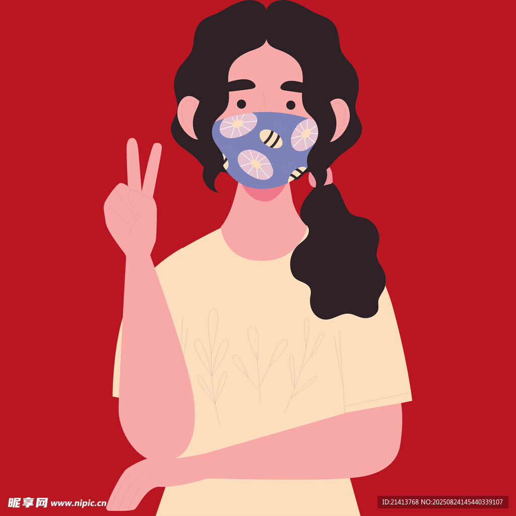 戴口罩比耶的可爱女孩