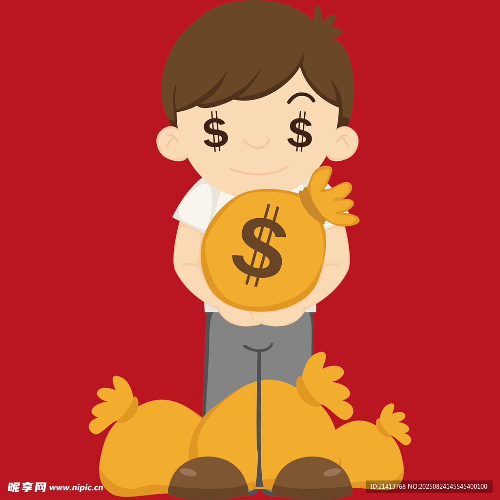 男孩怀抱金钱袋乐开怀