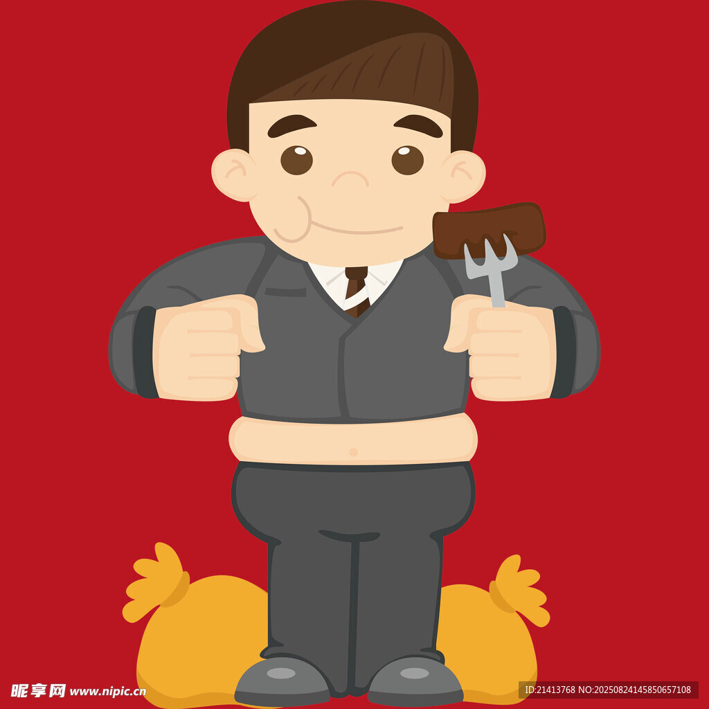 胖小伙手持餐具站在钱袋旁