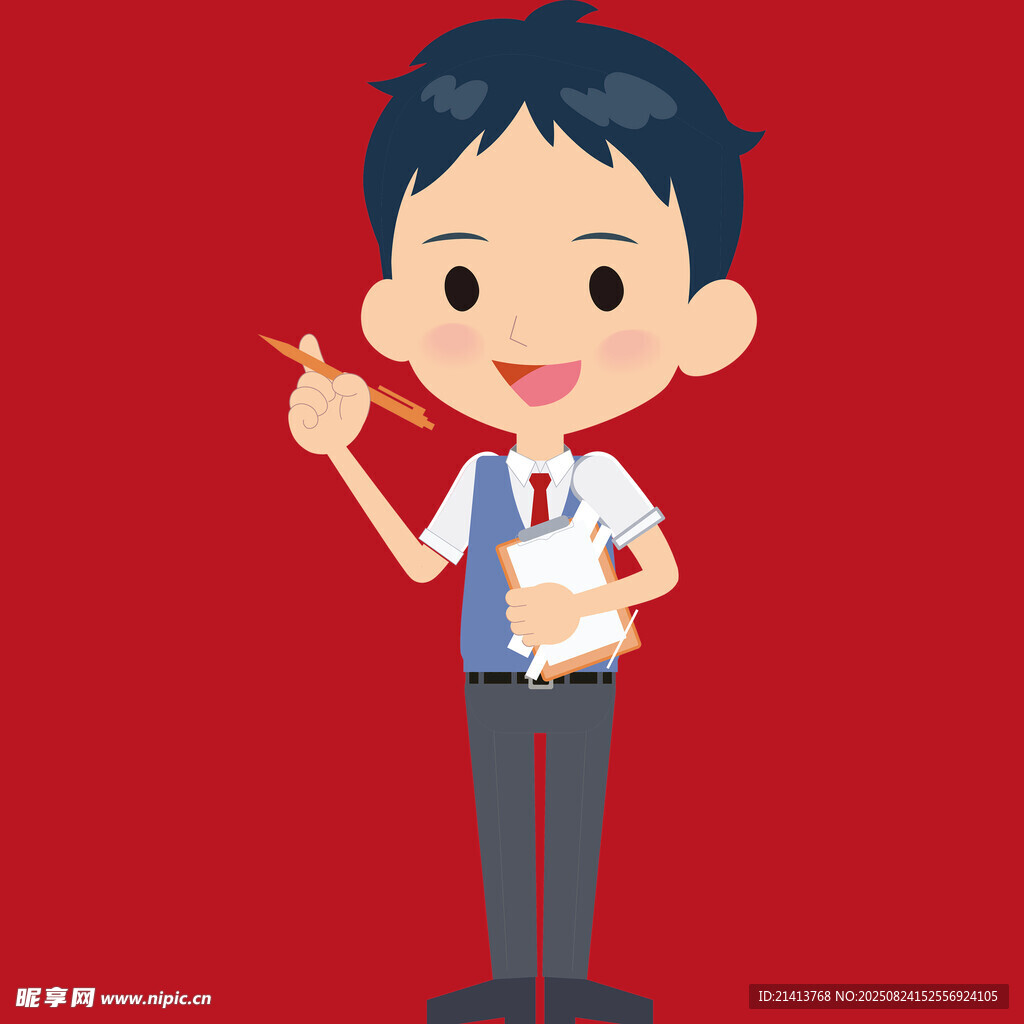 可爱男生手持笔与本子
