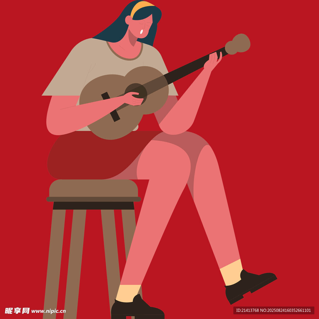 女子坐凳弹吉他插画