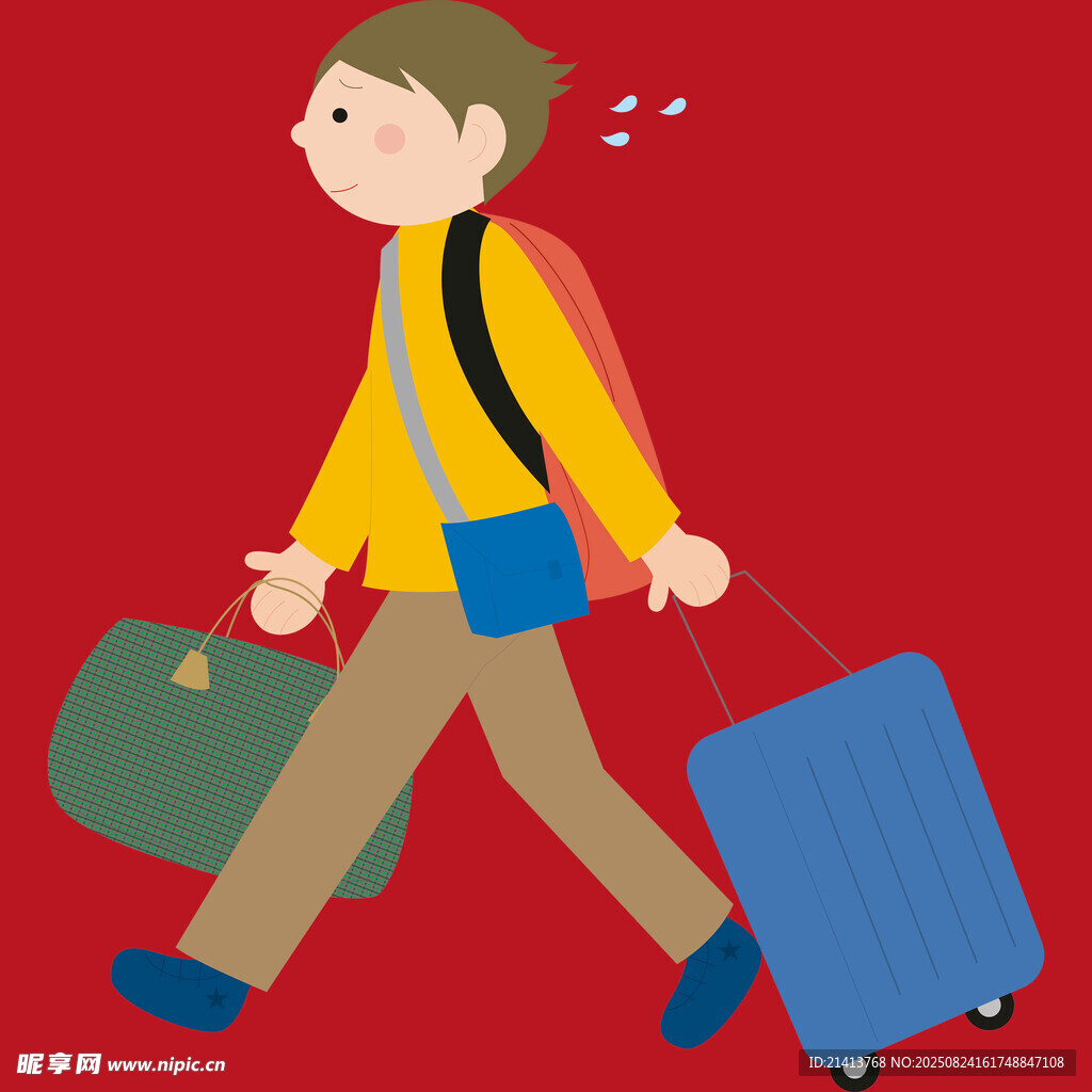 背着书包拉行李的男孩