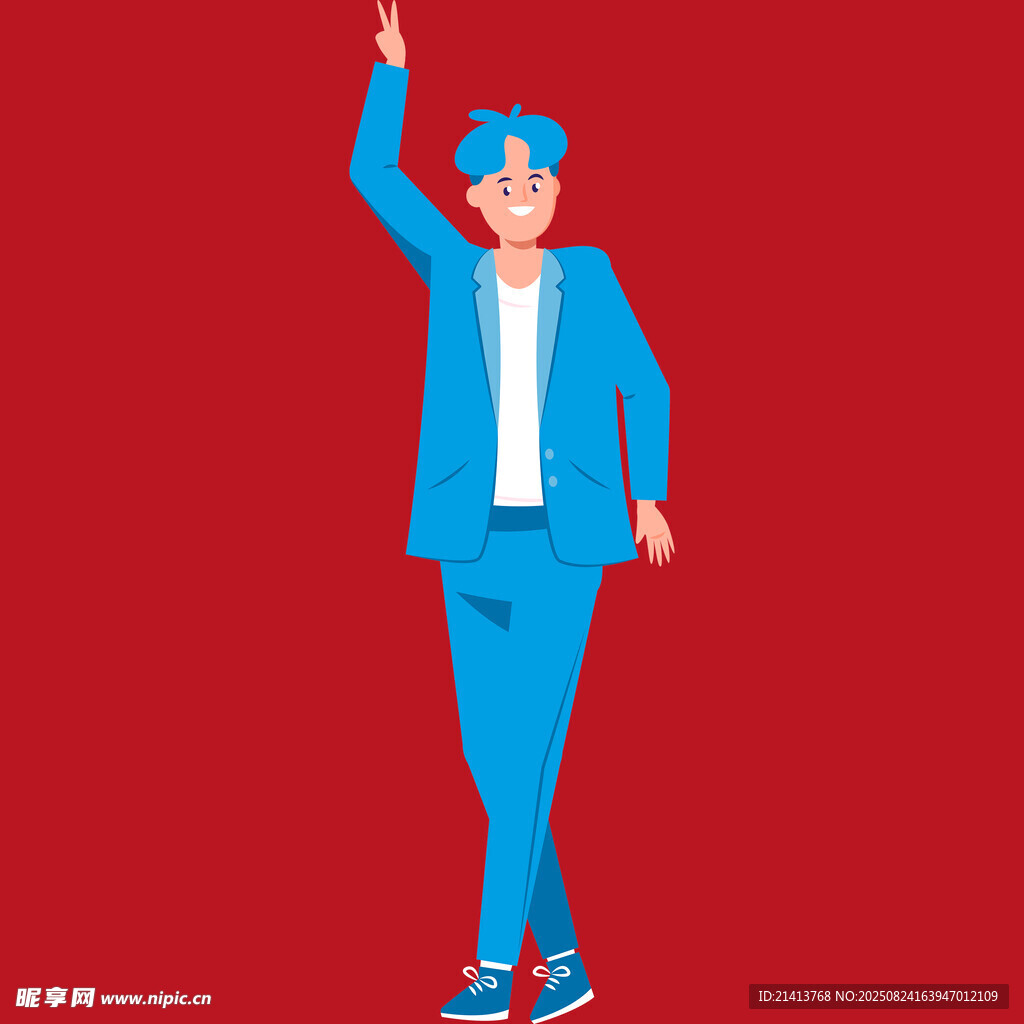 蓝色着装男子挥手姿态
