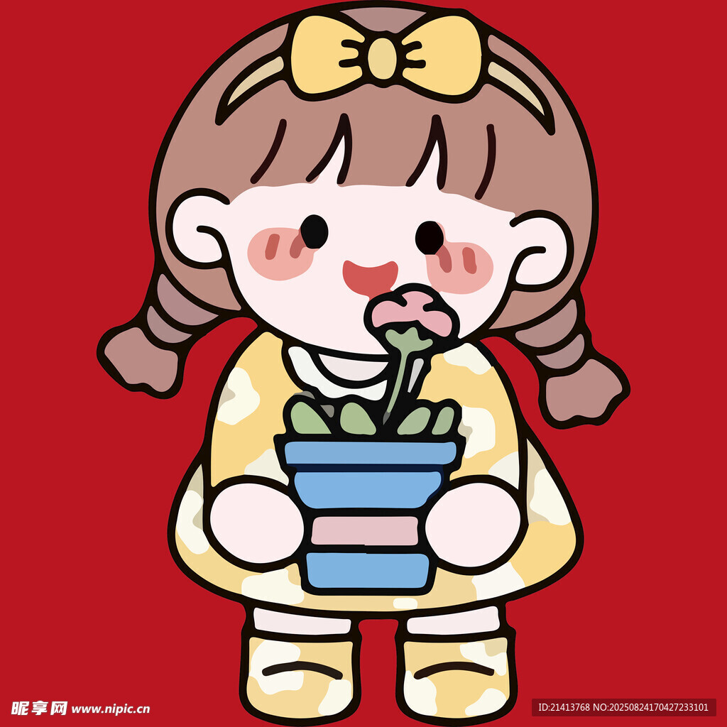 扎辫女孩捧花盆