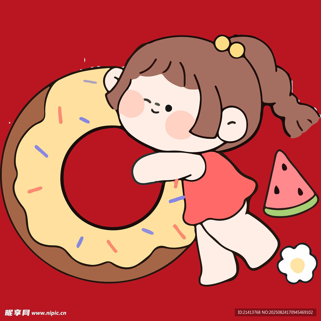 女孩抱甜甜圈与西瓜插画