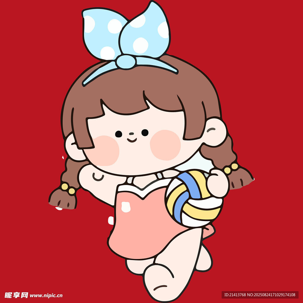 扎辫女孩手持彩色排球