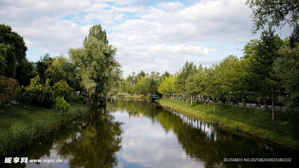 宁静河畔绿树成荫美景