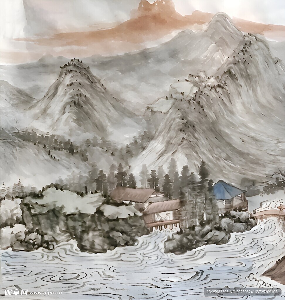 山村溪流图