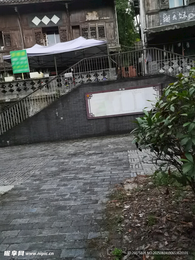 古镇街道旁的建筑与绿植