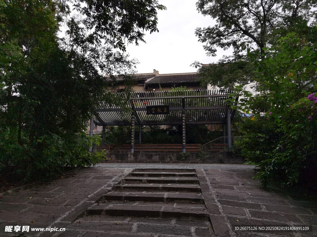 林间石阶通向神秘建筑