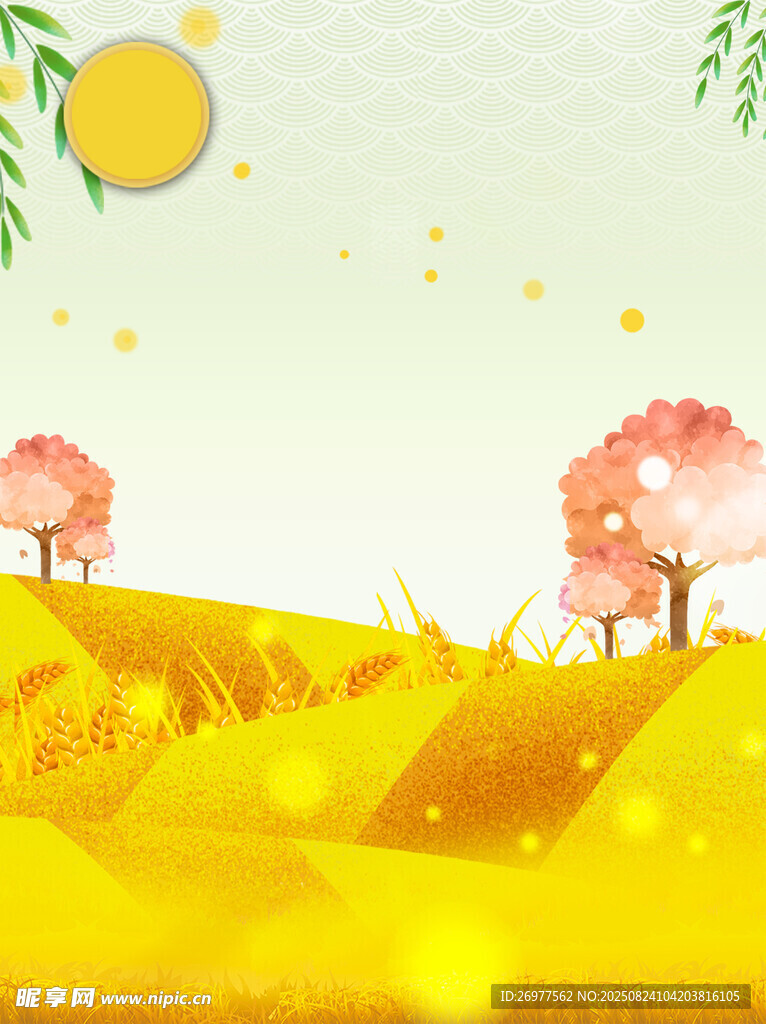 金色田野间的烂漫桃花景