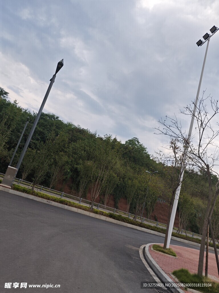 公园内的弯曲道路与路灯