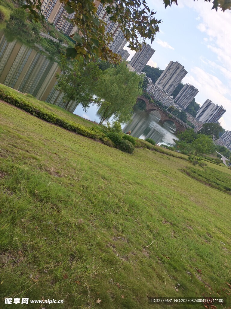 城市边的绿地与远处建筑