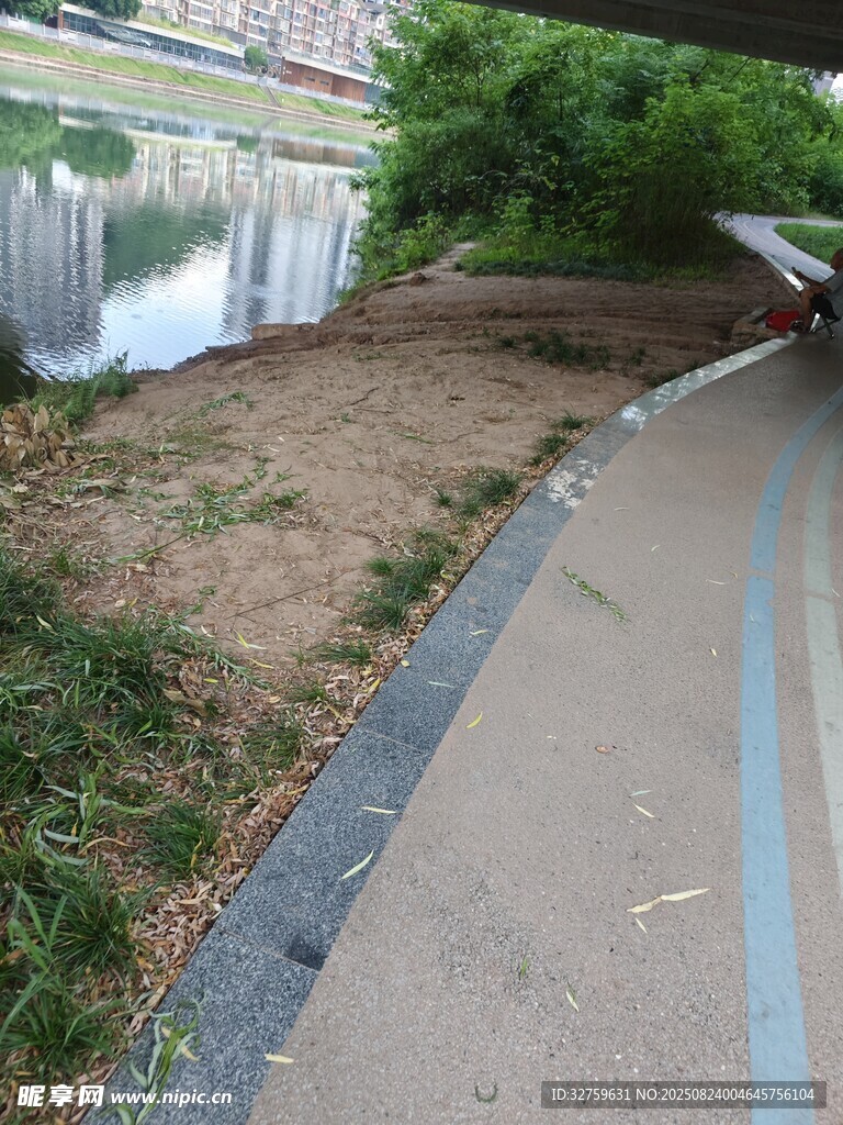 河边步道旁的草地景观