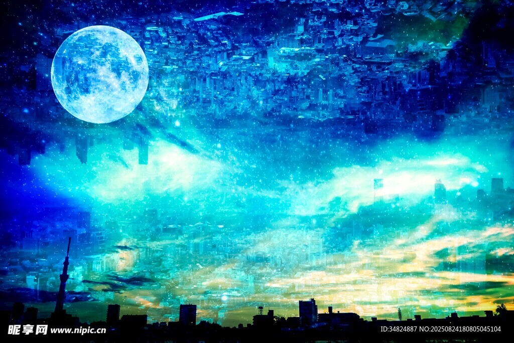 梦幻月夜下的城市天际线