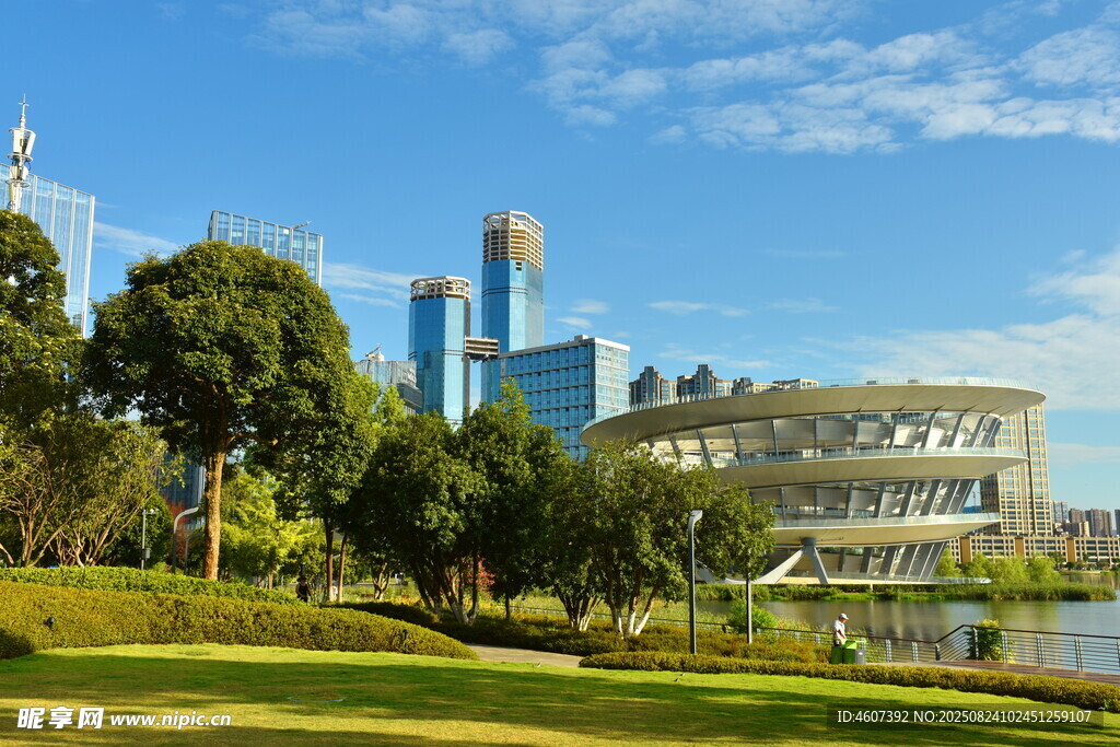 城市湖畔的美丽风光