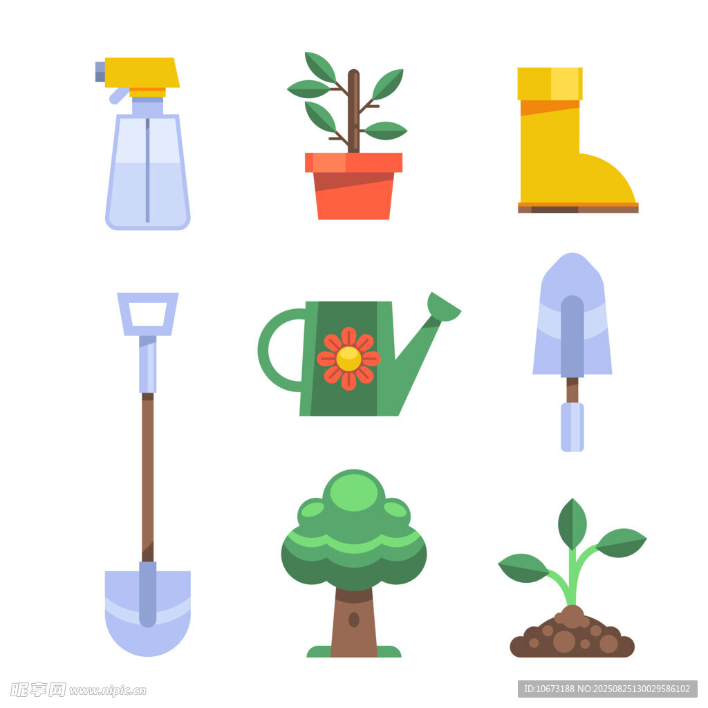 园艺工具与植物图标集合
