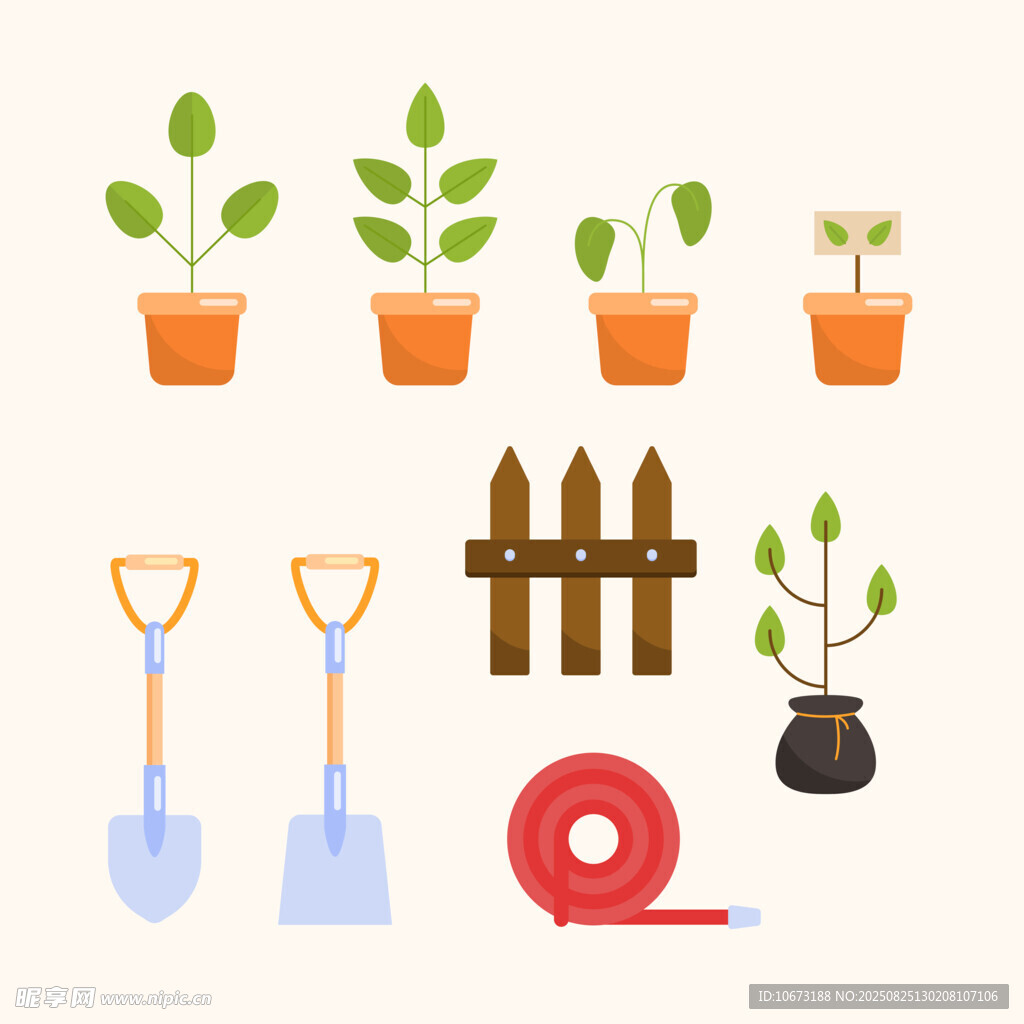 园艺工具与盆栽植物集合
