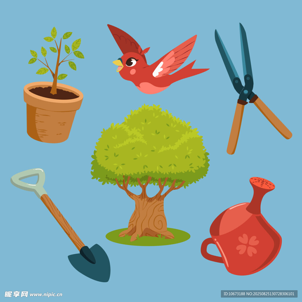 园艺工具与绿植小鸟