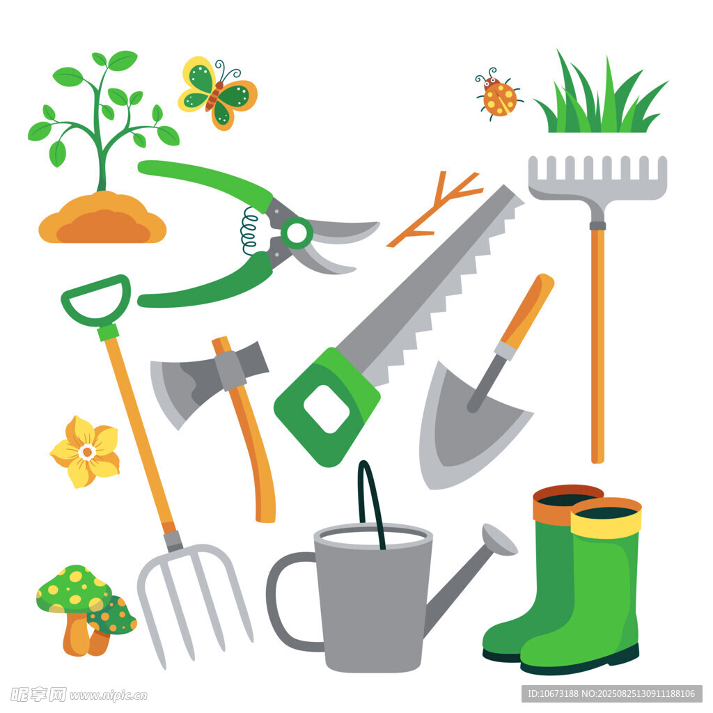 园艺工具与绿植组合插画