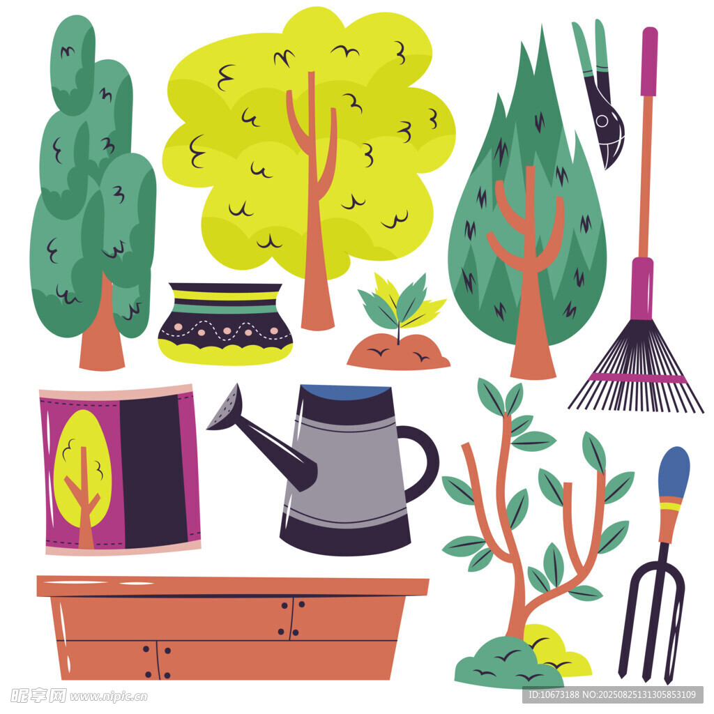 园艺工具与绿植插画