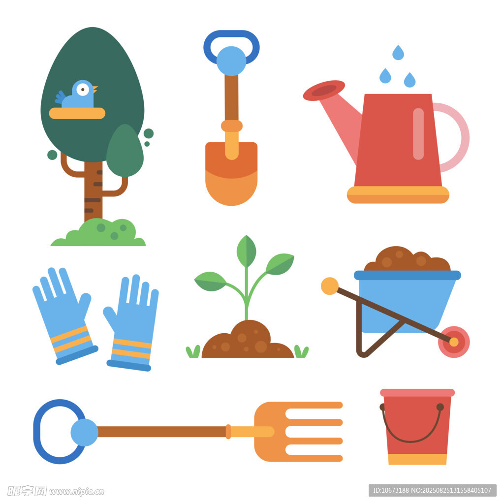 园艺工具与植物图标集合