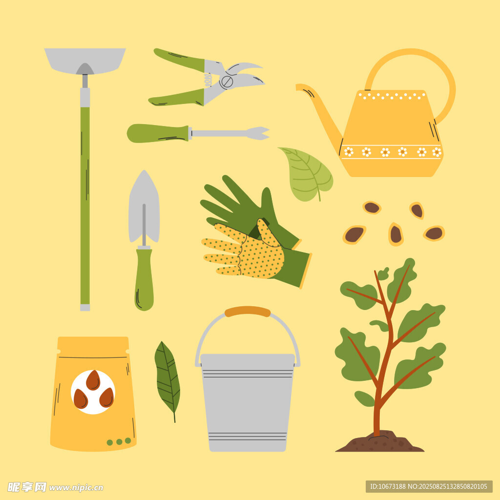 园艺工具与植物元素集合