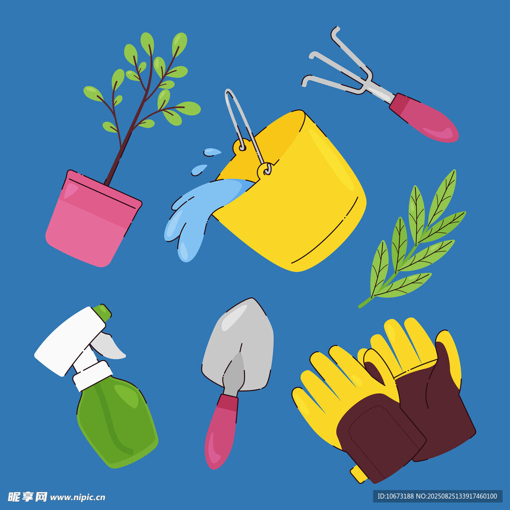 园艺工具与绿植组合画面