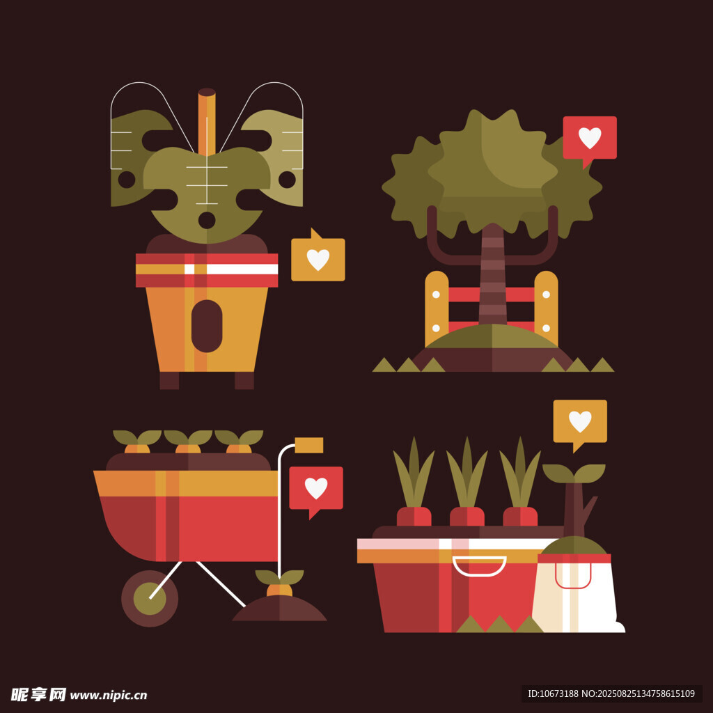 园艺工具与植物插画