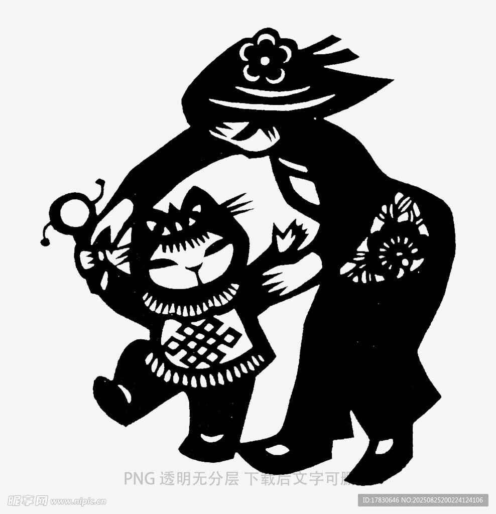 祖孙嬉戏剪纸艺术图