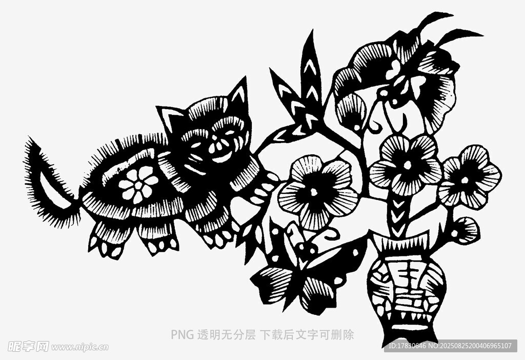 传统剪纸中的猫与花卉