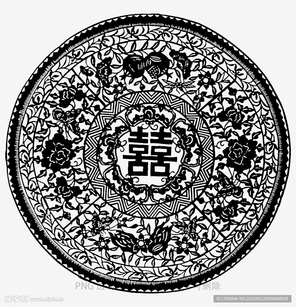 传统中式双喜花纹圆形图案