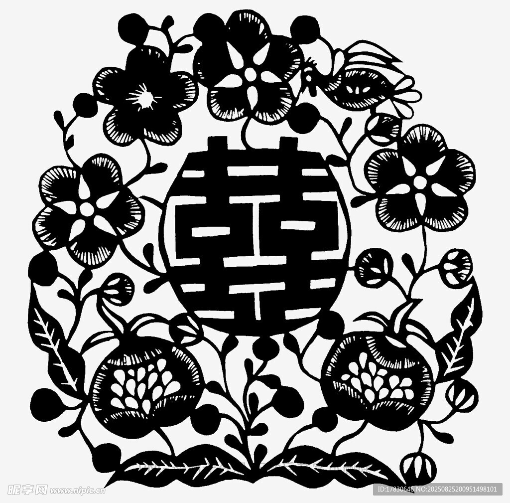 传统双喜花卉剪纸图案
