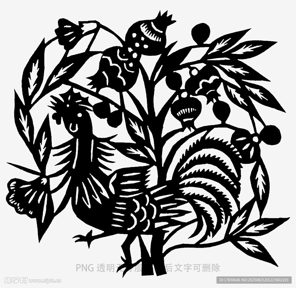 公鸡花卉剪纸艺术图案