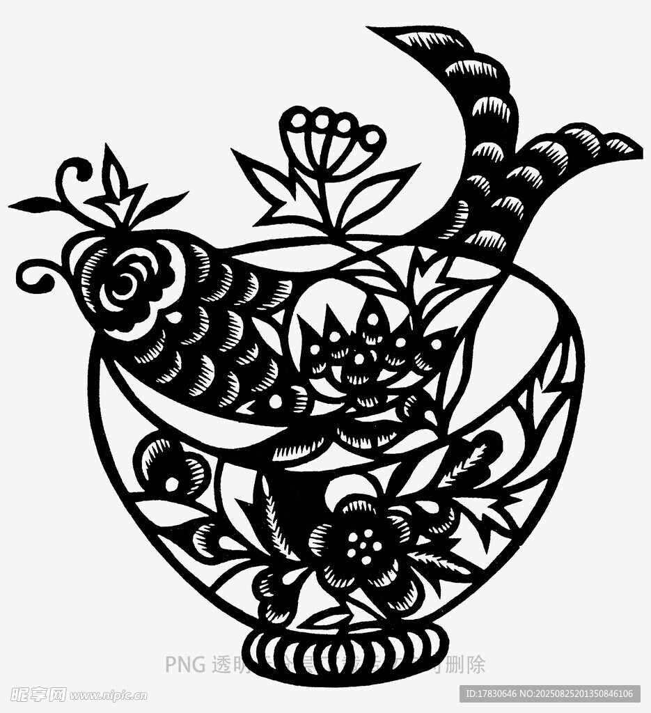 传统剪纸风鱼莲图案