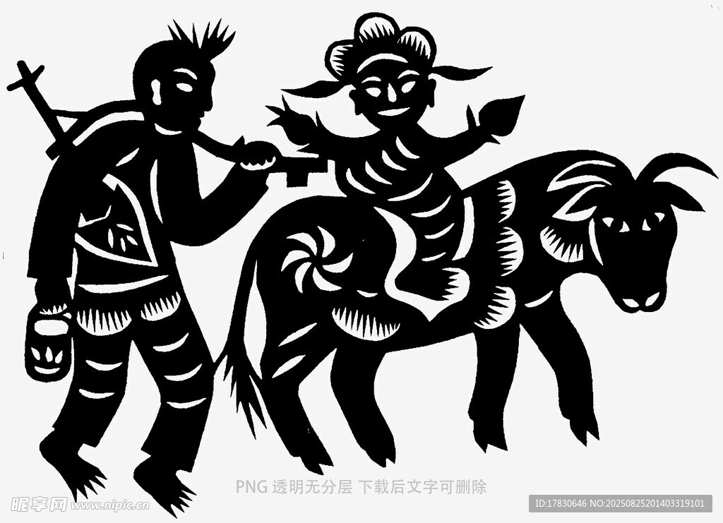 传统民俗剪纸中的人物与牛