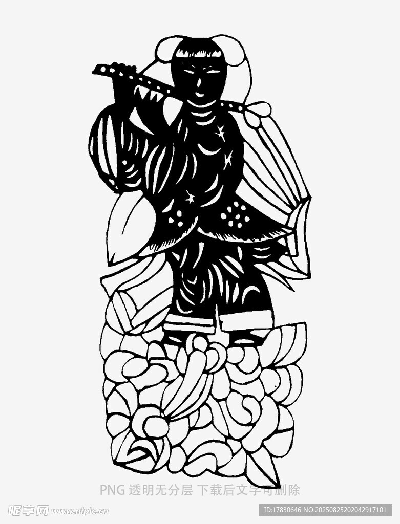 传统剪纸人物吹笛形象