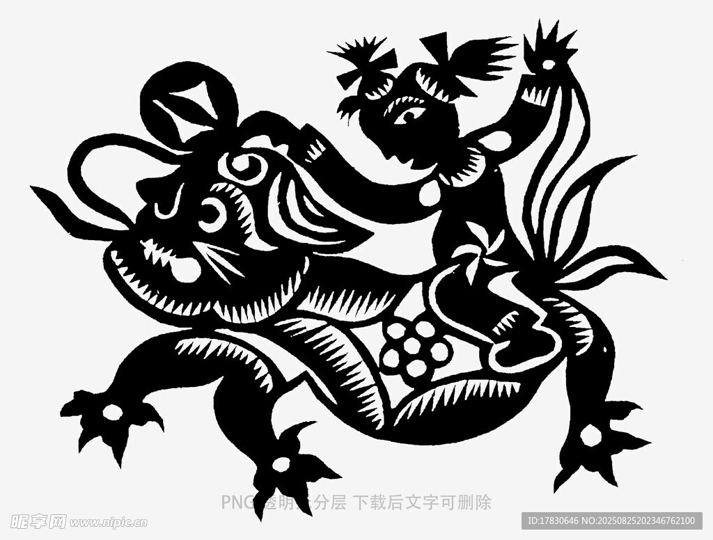 儿童骑麒麟剪纸艺术作品
