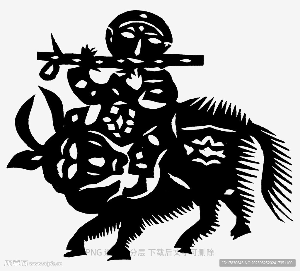 牧童骑牛吹笛剪纸图案