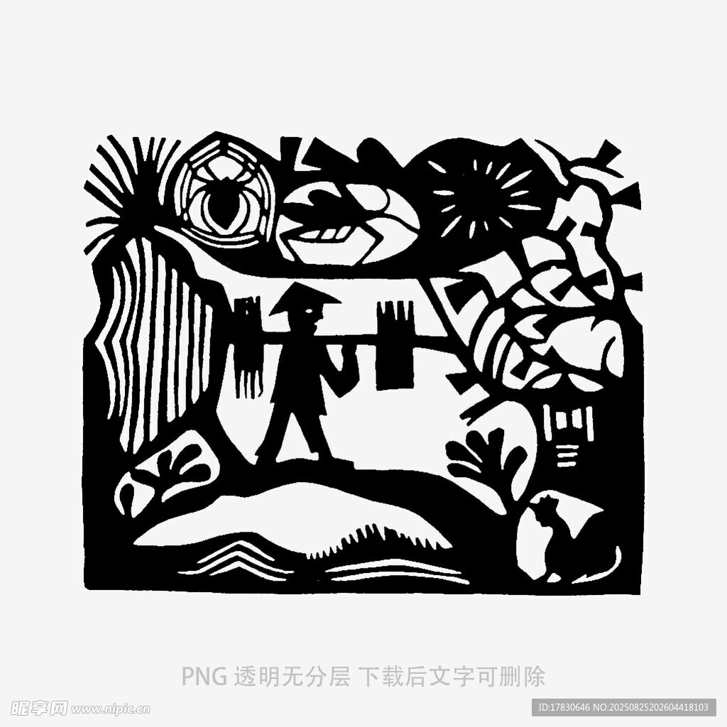 黑白剪纸风的自然场景画面
