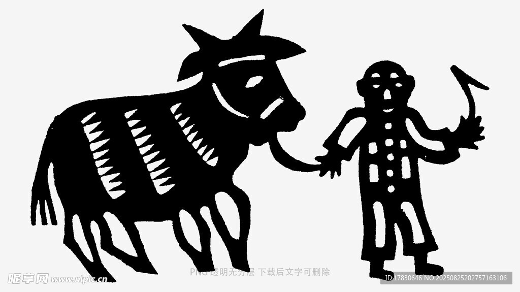农民牵牛劳作剪纸图案
