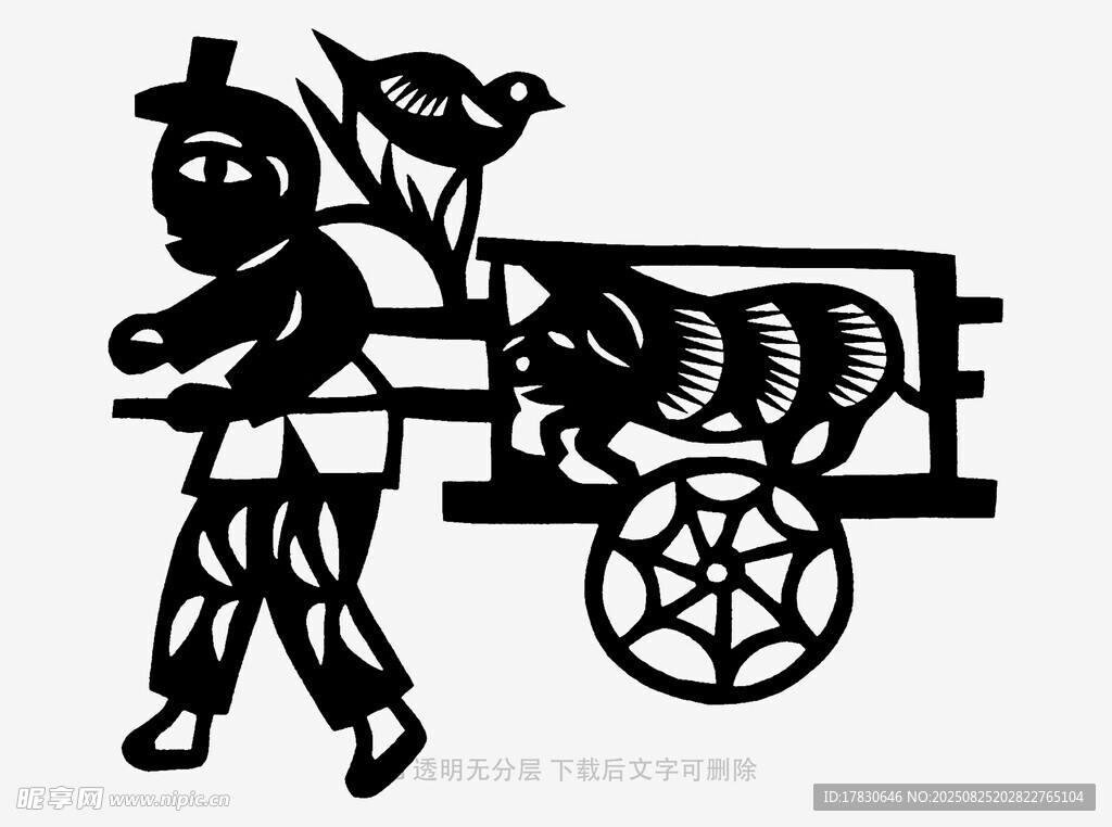 古代推车劳作人物剪影