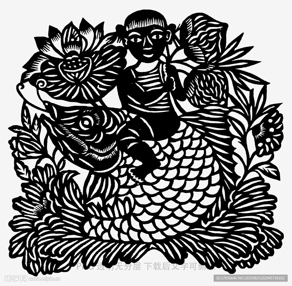 孩童骑鱼剪纸艺术作品